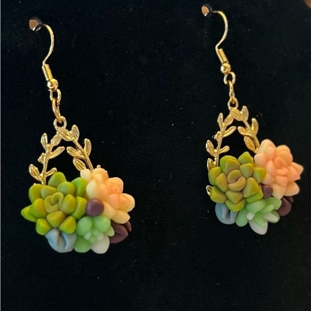 Succulent Cluster Dangle Earrings - Picture 5 of 7